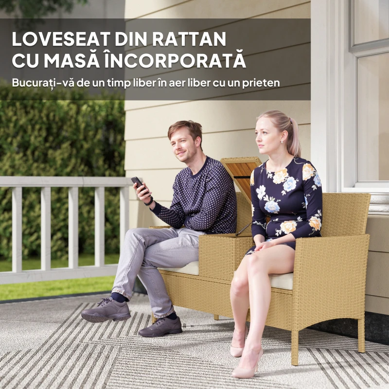 Outsunny Bancă de Exterior cu Măsuță Rabatabilă și Spațiu Depozitare Crem și Kaki