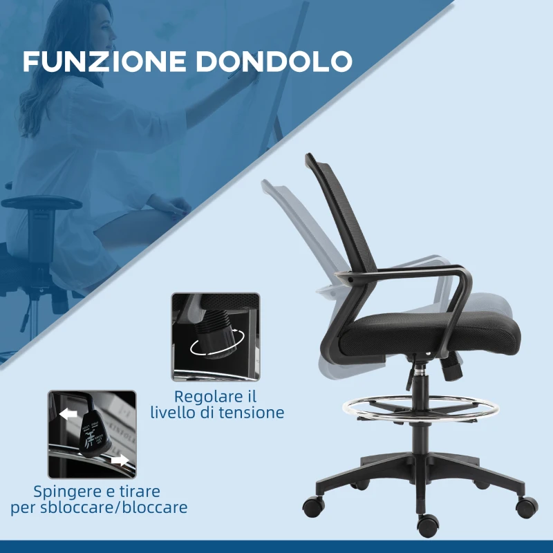 Vinsetto Sedia da Ufficio Regolabile in Tessuto a Rete con Braccioli e Anello Poggiapiedi, 64x59x104-124 cm, Nero