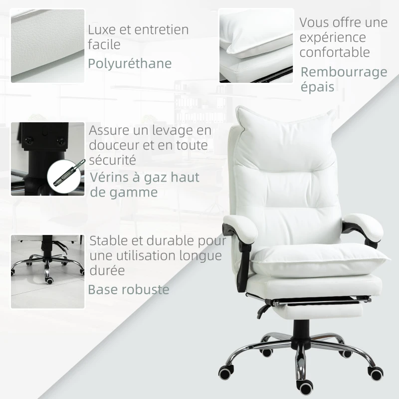 Vinsetto Fauteuil de bureau, chaise bureau ergonomique avec dossier inclinable, hauteur réglable, 66 x 72 x 130 cm, blanc