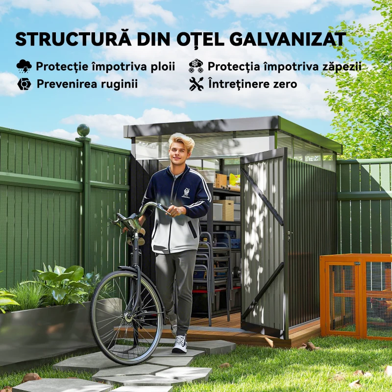 Outsunny Magazie de Grădină cu Luminator Superior din Acril și Orificii de Drenaj, 162x259x201 cm, Gri Închis(m-4)