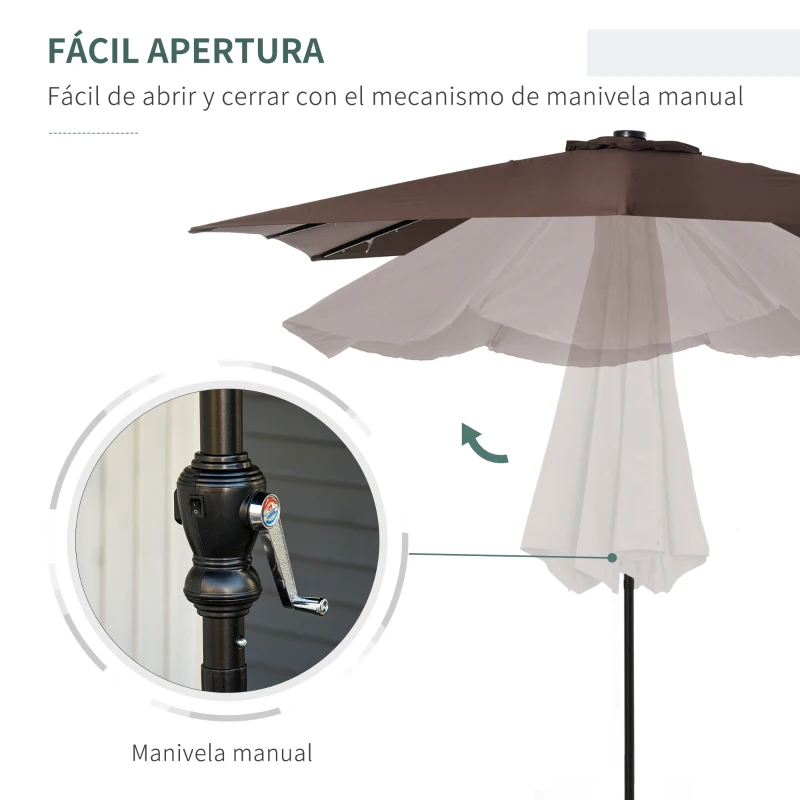 Outsunny Parasol de Terraza Exterior 268x205x248 cm con Techo Inclinable hasta 45° Luces LED Solares y Manivela Marrón