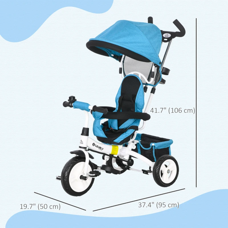 HOMCOM Triciclo per Bambini con Maniglione 6 in 1, Tettuccio Regolabile e Cintura di Sicurezza, Età 1-5 Anni, Blu