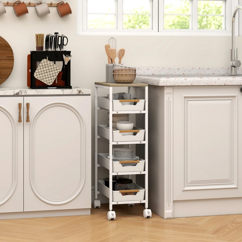 HOMCOM Carro de Cocina de 5 Niveles Carrito Auxiliar con Ruedas Tablero Efecto Madera Cajones Extraíbles 39,5x24x82 cm Blanco