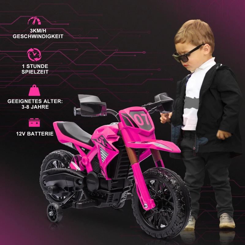 AIYAPLAY Elektro-Motorrad für Kinder, 12V Kindermotorrad mit Stützrädern, Kinderfahrzeug mit Hupe und Startgeräusch, 3 km/h, Rosa(m-4)
