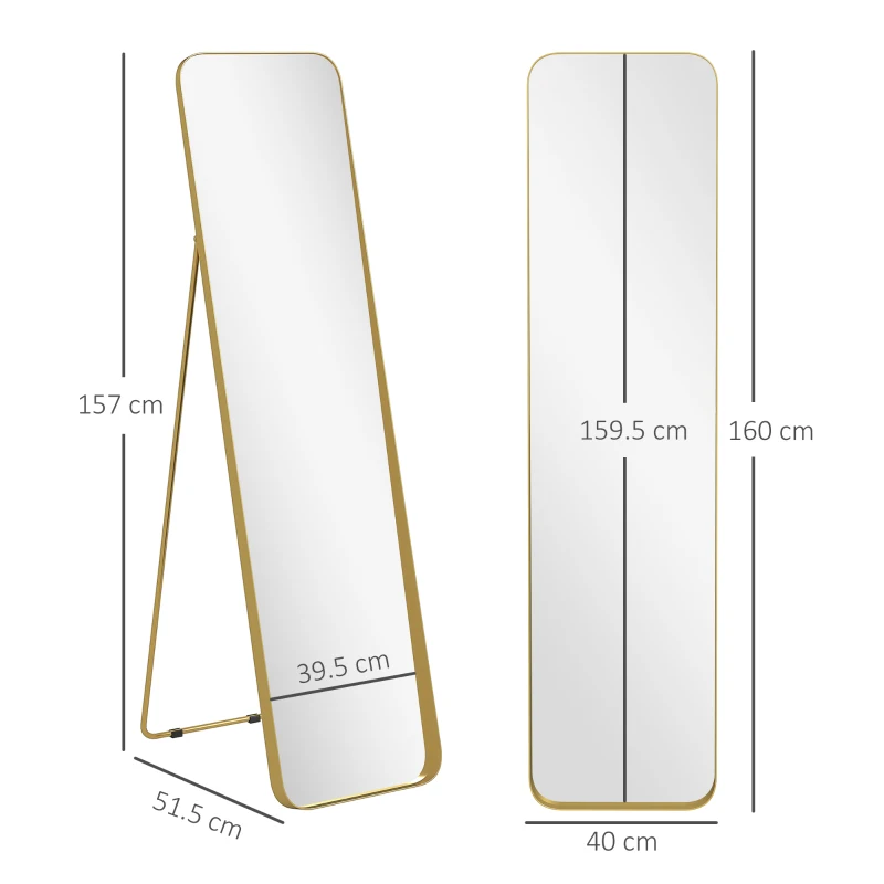 HOMCOM Oglindă de Podea 40x160 cm, Dreptunghiulară, Corp Întreg, cu Suport, Auriu