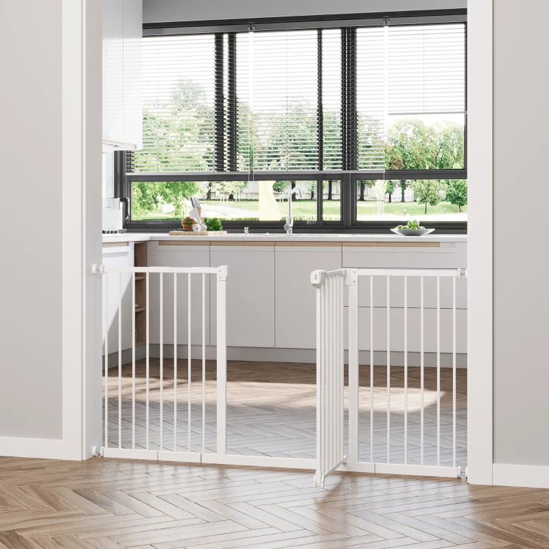 PawHut Barreira de Segurança Extensível para Portas e Escadas com Fechamento Automático e Sistema de Duplo Bloqueio 74-147,5x76,2 cm Branco
