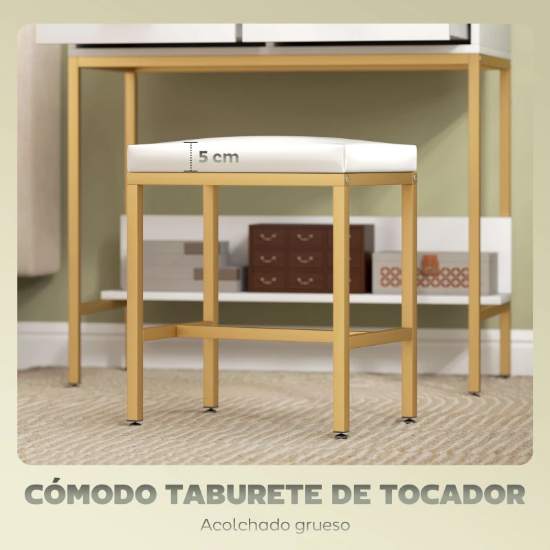 HOMCOM Tocador de Maquillaje con Luz y Taburete Mesa de Maquillaje con 2 Cajones y Estantes de Almacenamiento Blanco