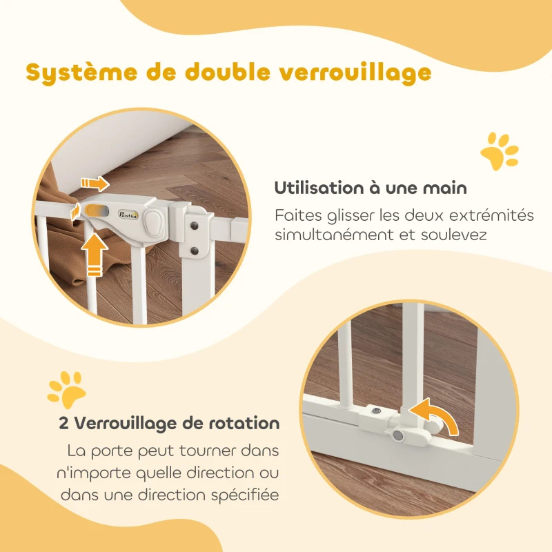 PawHut Barrière de sécurité animaux porte fermeture automatique système de double verrouillage sans perçage 3 extensions blanc(m-6)