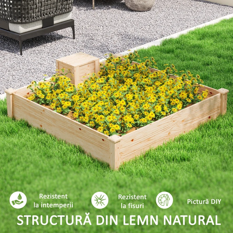 Outsunny Jardinieră de Exterior cu Compostor și Bază Deschisă din Lemn de Brad, 123x123x25,5 cm, Lemn Natural