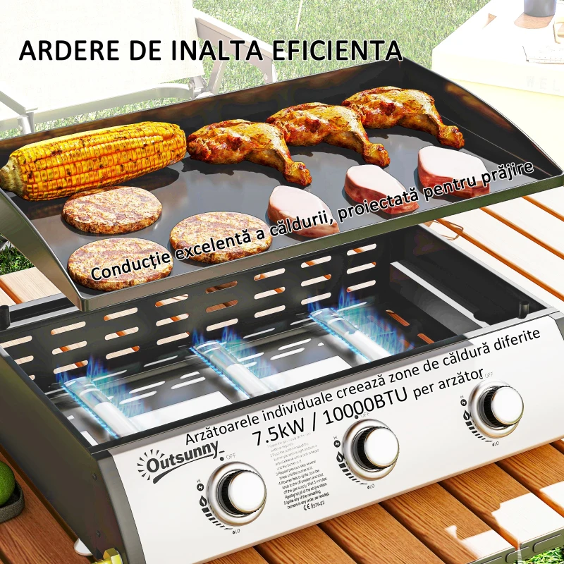 Outsunny Grătar pe Gaz din Oțel cu 3 Arzătoare, Regulator, Furtun și Capac, 63x47x25 cm, Negru