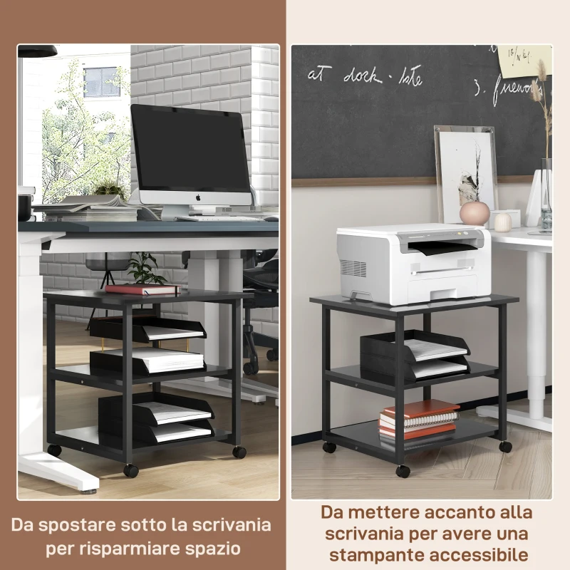 HOMCOM Carrello Porta Stampante a 3 Ripiani con 4 Ruote, Legno e Acciaio, 50x50x52.5cm, Nero