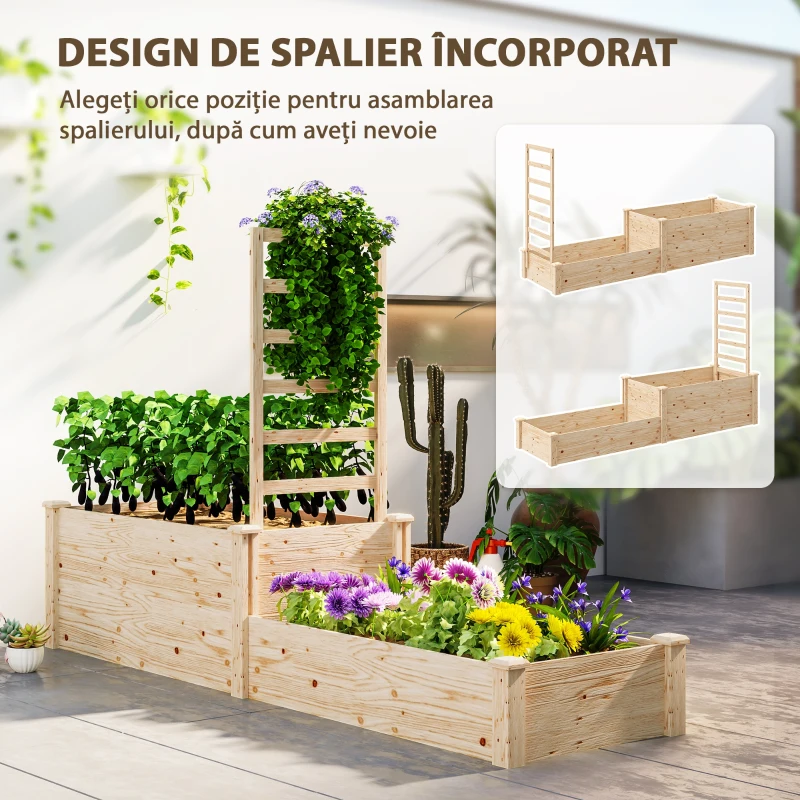 Outsunny Pat Înălțat pentru Grădină cu Grilaj, Bază Deschisă și 2 Despărțitoare, 222x63x132 cm, Lemn Natural