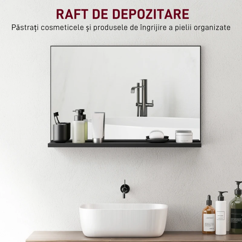 kleankin Oglindă de Baie de Perete Modernă cu Raft 60x12x40 cm Negru