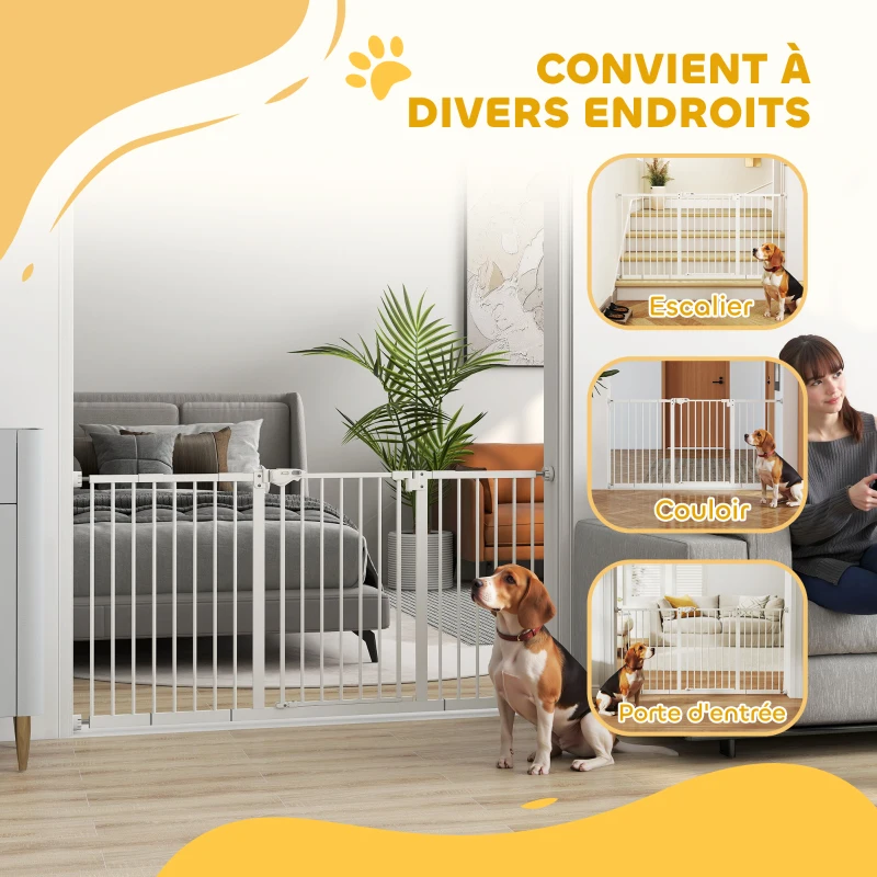 PawHut Barrière de sécurité animaux porte fermeture automatique système de double verrouillage sans perçage 3 extensions blanc(m-8)