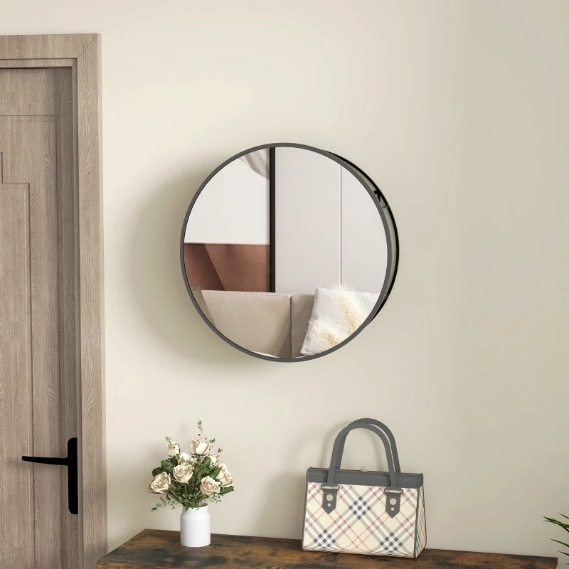HOMCOM Miroir mural rond avec 2 étagères de rangement pour salle de bain, cadre en métal noir, diamètre de 50 cm