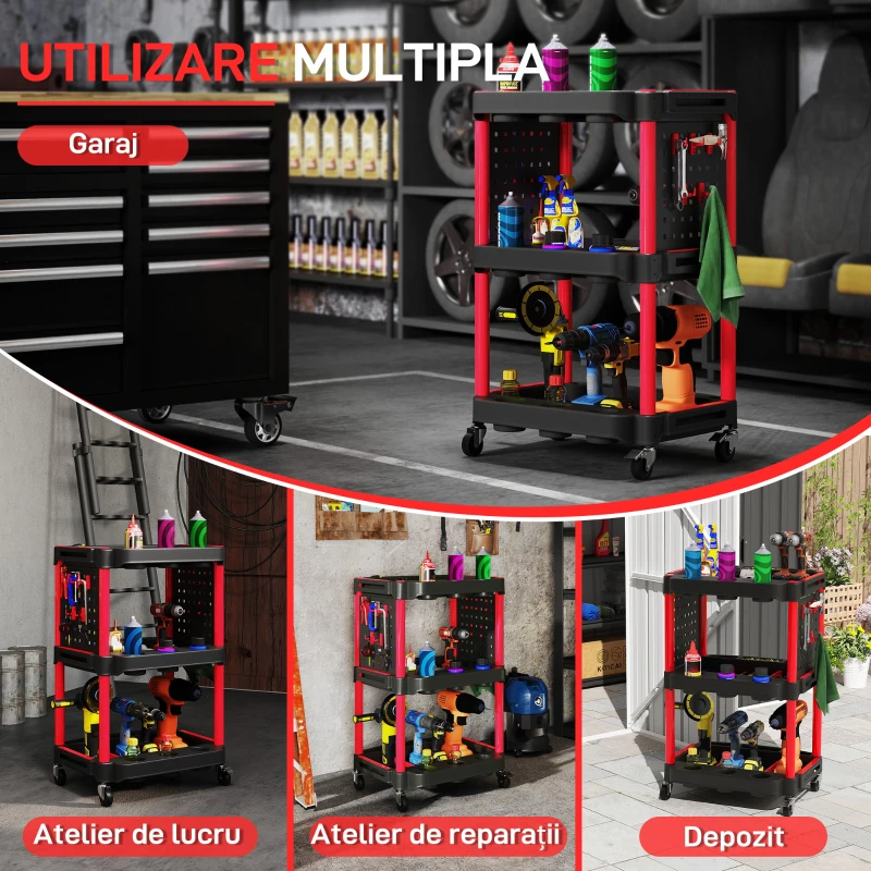 HOMCOM Cărucior pentru Scule 3 Nivele din Plastic cu Panou Lateral Roșu Negru