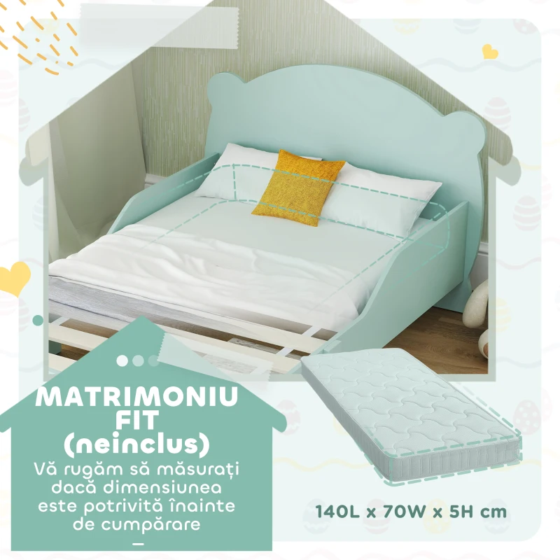 AIYAPLAY Pătuț pentru Copii cu Tăblie și Suport în Formă de Ursuleț și 2 Bare Laterale, Verde