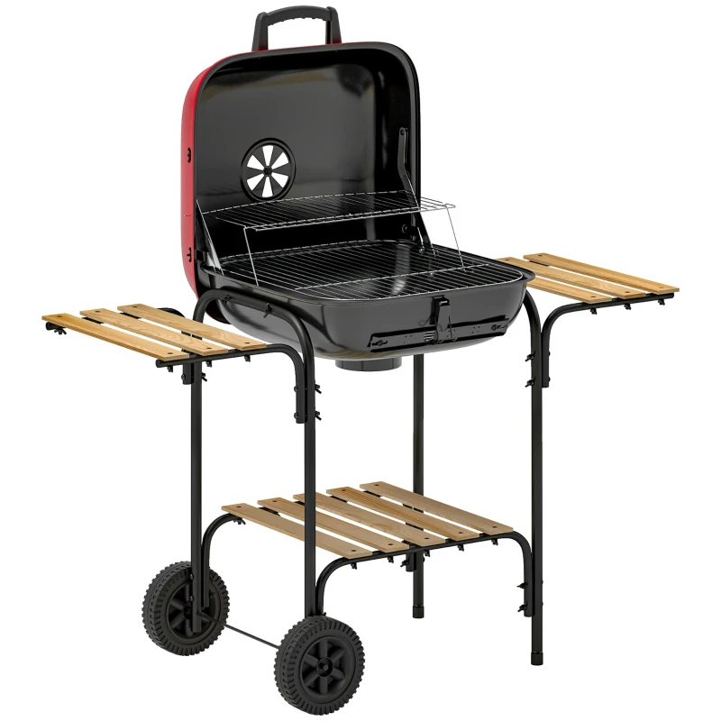 Outsunny Grătar cu Cărbune 3 Rafturi și Roți, Capac cu Aerisire Reglabilă, Roșu