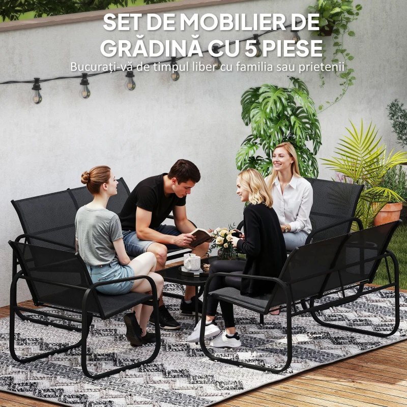 Outsunny Set de Grădină cu 2 Canapele cu 2 Locuri, 2 Fotolii și o Măsuță de Cafea cu Blat din Sticlă, Negru
