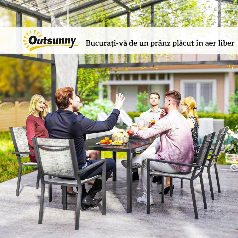Outsunny Set Masă de Grădină cu Scaune, 7 Piese, Set de Prânz cu Masă cu Blat din Lemn Compozit cu Șipci și 6 Scaune de Exterior Stivuibile, Mobilier din Oțel cu Texteline, Gri și Negru