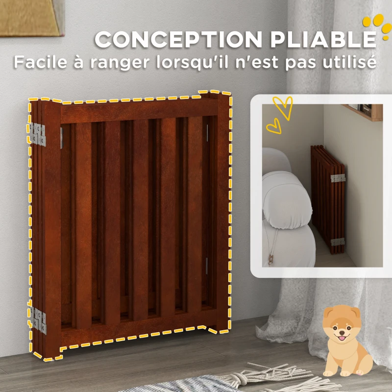 PawHut Barrière de sécurité chien pliable double face en bois, 4 panneaux avec porte, pieds de support, 205 x 60 cm, marron