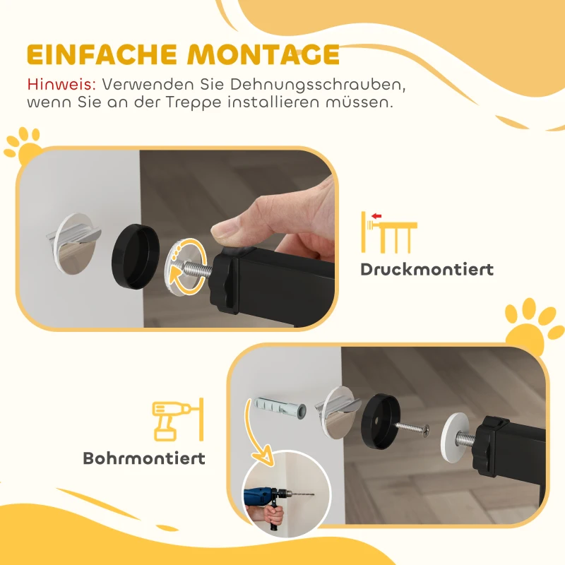 PawHut Türschutzgitter Treppenschutzgitter mit 17,5/20,3/30,5 cm Verlängerung Türgitter ohne Bohren für Breiten 74-80/91,5-100/104-117,5/121,5-130/141,5-147,5 cm Beidseitig Schwenkbar Metall Schwarz