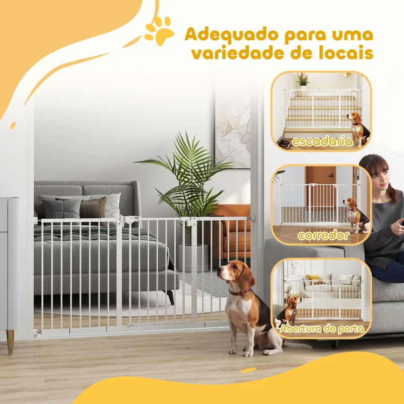 PawHut Barreira de Segurança Extensível para Portas e Escadas com Fechamento Automático e Sistema de Duplo Bloqueio 74-147,5x76,2 cm Branco