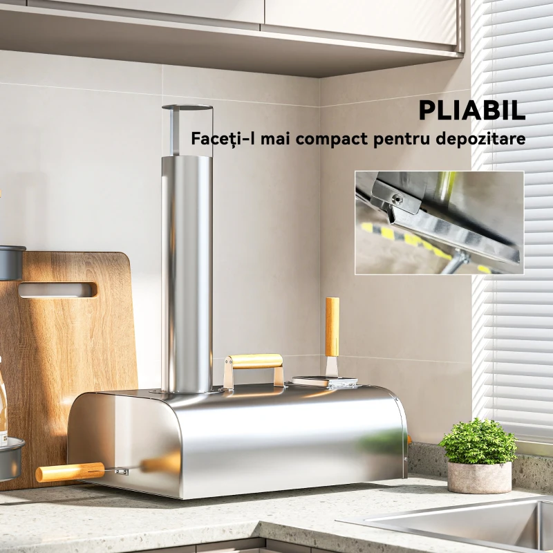 Outsunny Cuptor de Pizza cu Peleți din Lemn, Piatră Refractară și Lopată, 79x36x75 cm, Argintiu