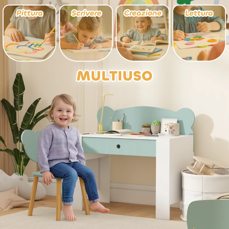 AIYAPLAY Set Scrivania per Bambini con Cassetto e Sedia con Schienale a Orsetto, Età 3-8 Anni, Verde