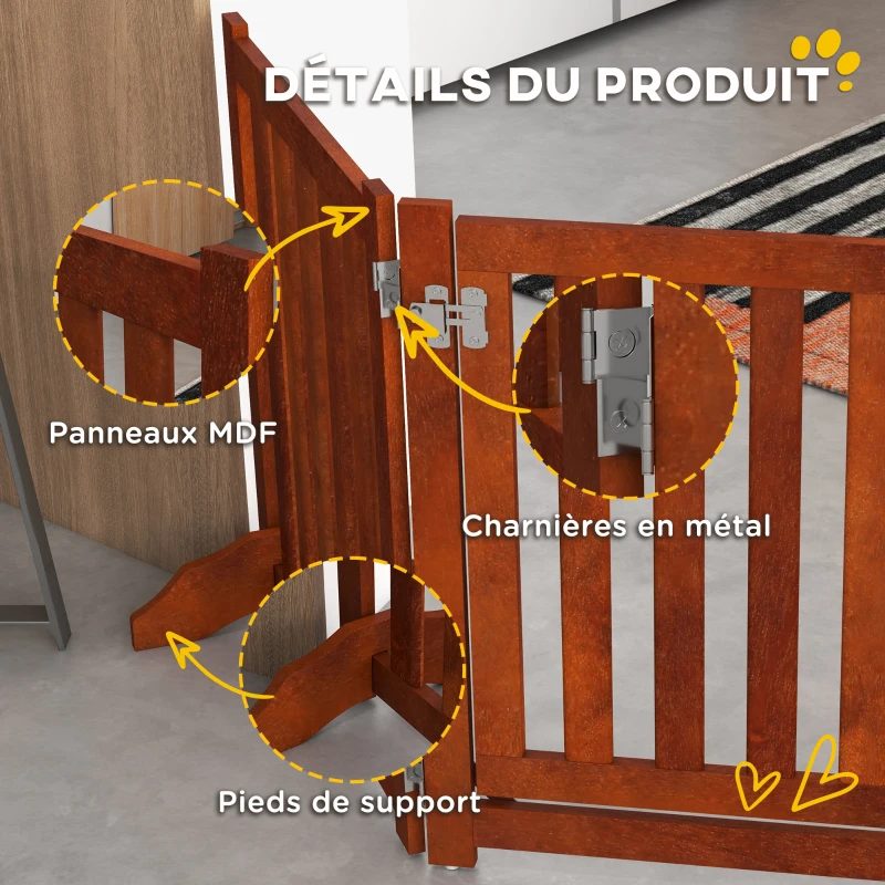 PawHut Barrière de sécurité chien pliable double face en bois, 4 panneaux avec porte, pieds de support, 205 x 60 cm, marron