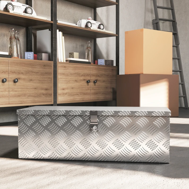 HOMCOM Caixa de Ferramentas em Alumínio com Tampa Abatível Pegas Laterais e Fecho com Chave Maleta de Ferramentas Portátil 76x33x25 cm Prata