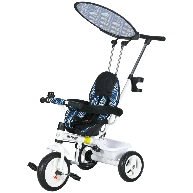 HOMCOM Triciclo para Bebés de +12 Meses con Toldo Plegable Mango de Empuje Telescópico Desmontable y Portabotellas Azul Blanco