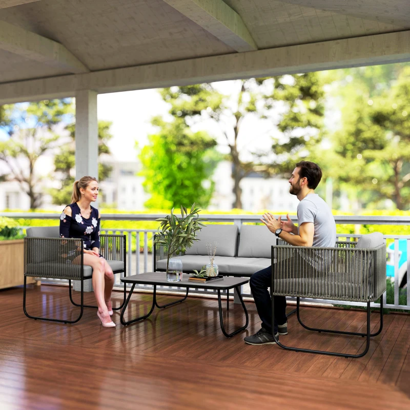 Outsunny Set de Exterior din Ratan cu Canapea, 2 Fotolii și Măsuță cu Blat de Sticlă Gri