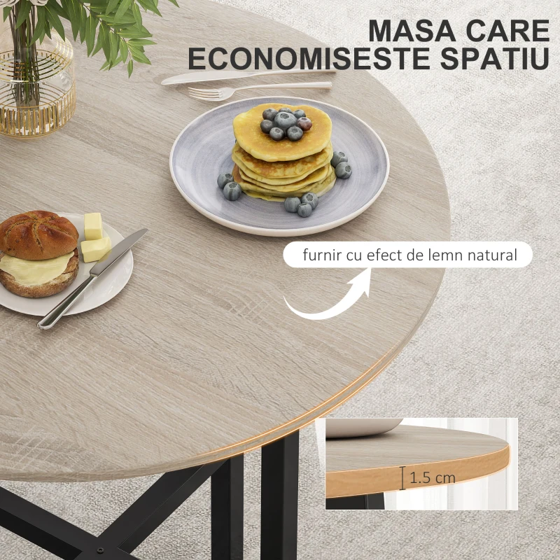 HOMCOM Masă de Prânz Rotundă în Stil Industrial pentru 2 Persoane cu Bază Încrucișată, Masă de Bucătărie din Lemn și Oțel, Ø80x75 cm, Negru și Culoare Lemn