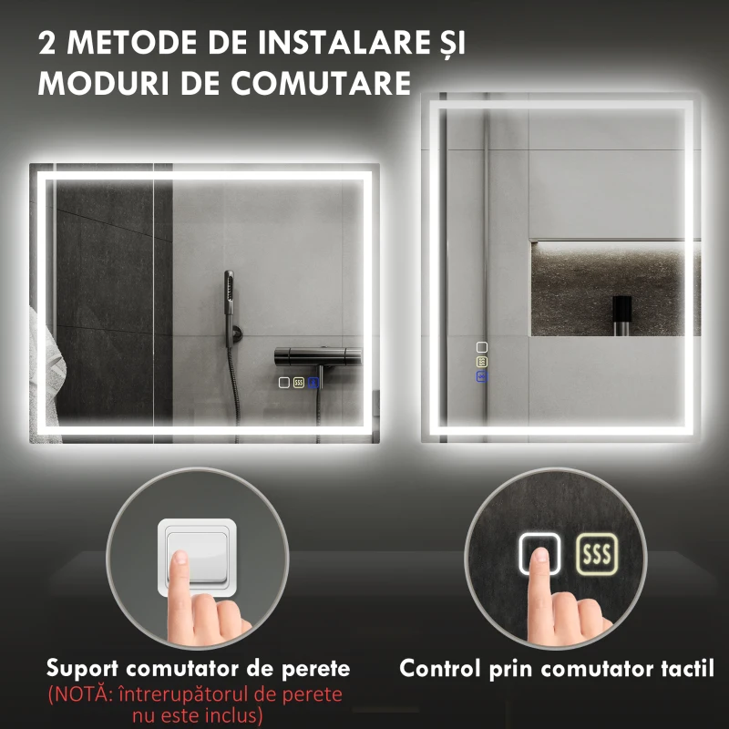 HOMCOM Oglindă Baie cu LED, Antiaburire și Boxă Bluetooth, 80x100 cm, Touch și Funcție Memorie