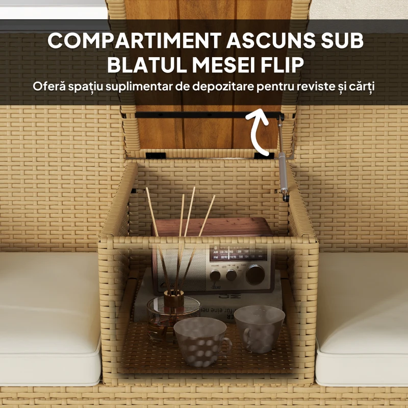 Outsunny Bancă de Exterior cu Măsuță Rabatabilă și Spațiu Depozitare Crem și Kaki