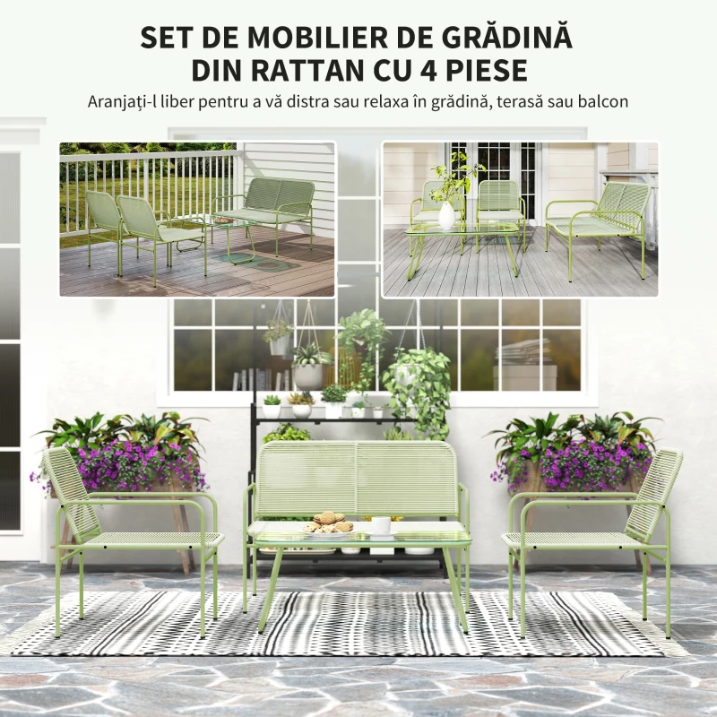 Outsunny Set Lounge de Exterior din Ratan PE cu Canapea, 2 Fotolii și Măsuță Verde