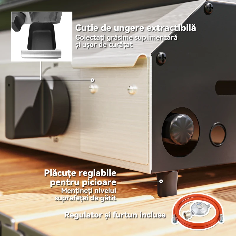 Outsunny Grătar pe Gaz cu 4 Arzătoare, Picioare Reglabile și Tavă de Colectare a Grăsimii, 77x44.5x19 cm, Argintiu