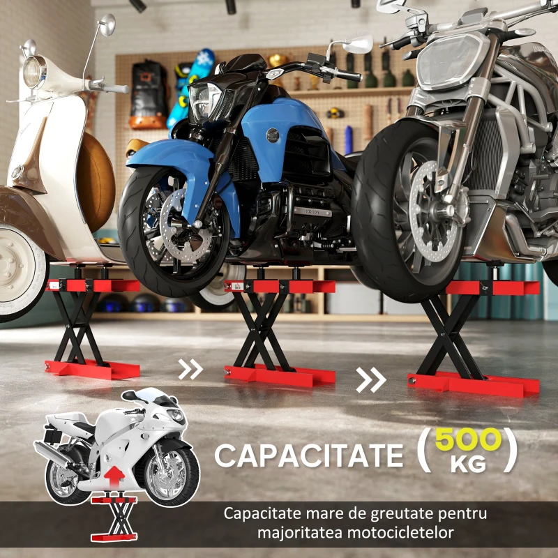 HOMCOM Cric Motocicletă Reglabil și Pliabil din Oțel, Capacitate 500kg