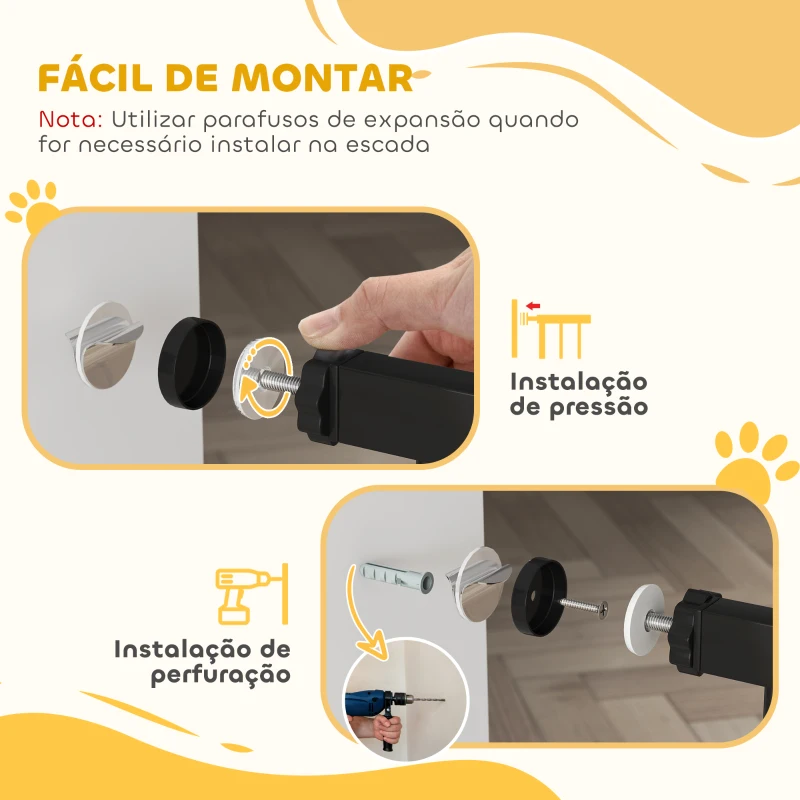 PawHut Barreira de Segurança Extensível para Portas e Escadas com Fechamento Automático e Sistema de Duplo Bloqueio 74-147,5x76,2 cm Preto