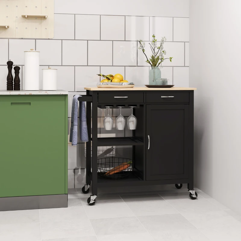 HOMCOM Cărucior de Bucătărie cu Sertare, Roți și Dulap cu 2 Uși 89x40x84 cm Negru