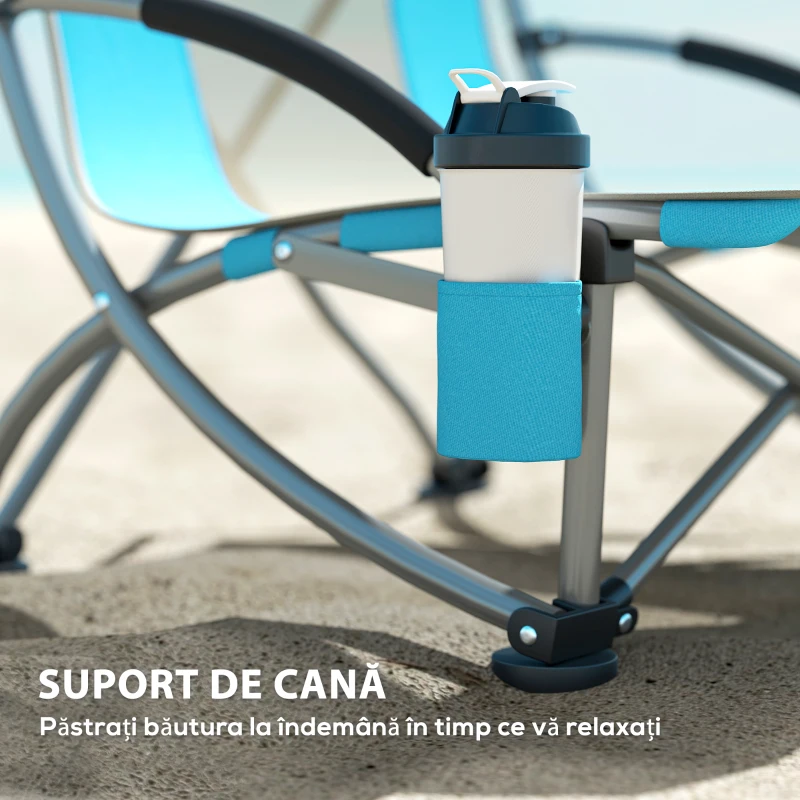Outsunny Set de 2 Scaune Pliabile de Plajă cu Brațe și Suport de Pahar și Geantă de Transport, Albastru