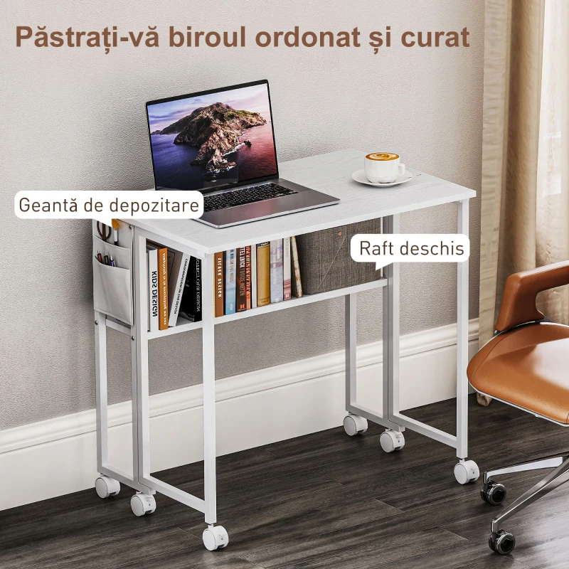 HOMCOM Birou Modern Pliabil Rabatabil cu Raft, Buzunar și Roți, Alb(m-5)