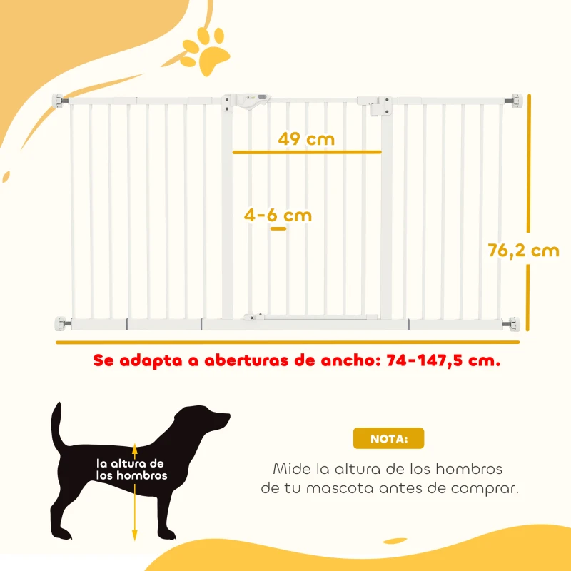 PawHut Barrera de Seguridad Extensible con Cierre Automático y Sistema de Doble Bloqueo Metal 74-147,5x76,2 cm Blanco
