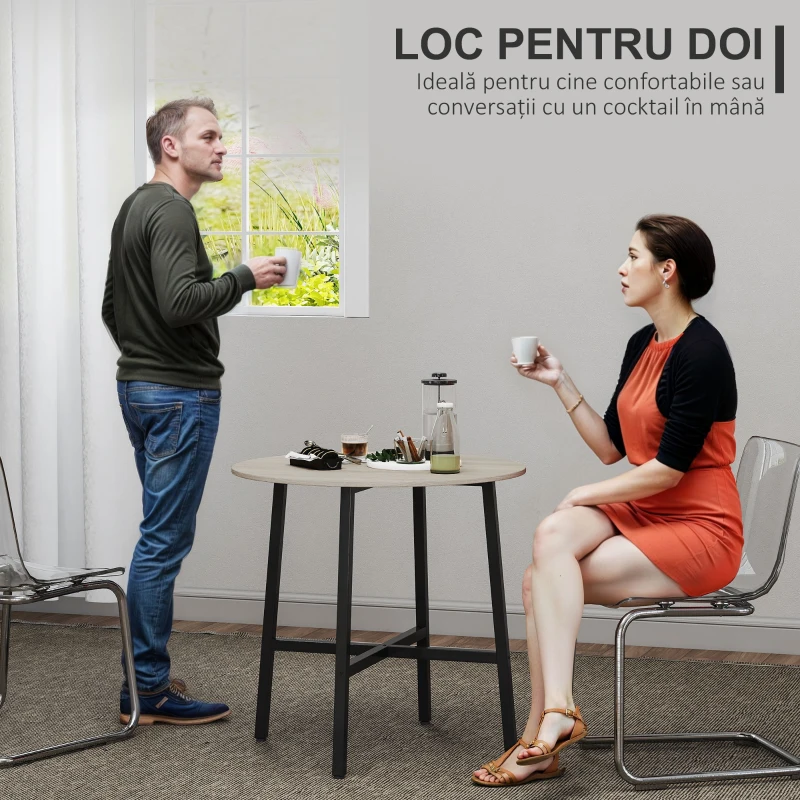 HOMCOM Masă de Prânz Rotundă în Stil Industrial pentru 2 Persoane cu Bază Încrucișată, Masă de Bucătărie din Lemn și Oțel, Ø80x75 cm, Negru și Culoare Lemn