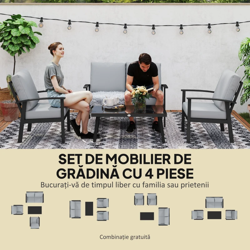 Outsunny Set de Mobilier de Gradina din 4 Piese cu Canapea, 2 Fotolii si Masa de Cafea, 127x74x80 cm, Gri Carbune