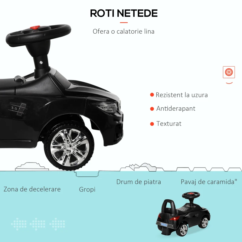 HOMCOM Mașinuță de Împins pentru Copii cu Volan, Faruri și Muzică, Negru