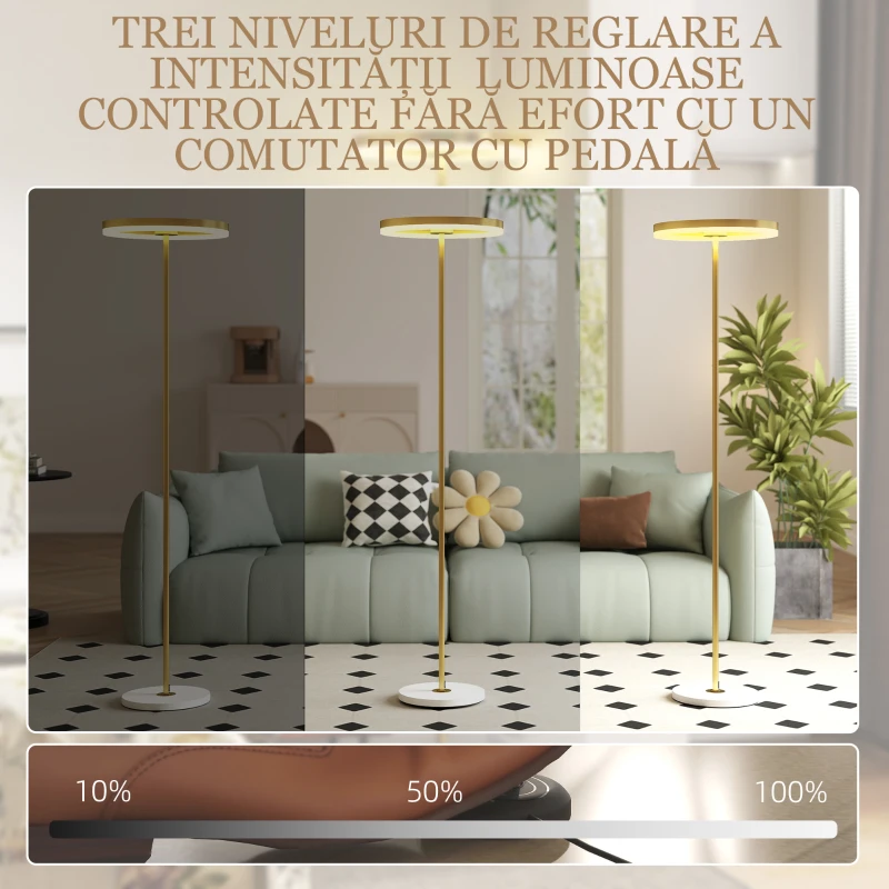 HOMCOM Lampă de Podea Modernă Dimabilă Întrerupător Pedală 3 Luminozitate Aurie