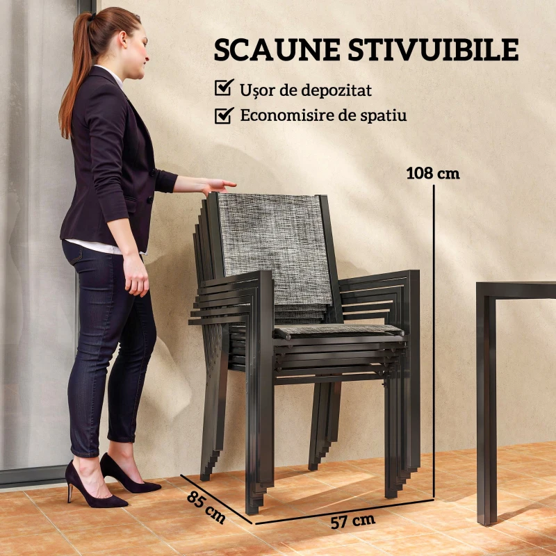 Outsunny Set Masă de Grădină cu Scaune, 7 Piese, Set de Prânz cu Masă cu Blat din Lemn Compozit cu Șipci și 6 Scaune de Exterior Stivuibile, Mobilier din Oțel cu Texteline, Gri și Negru