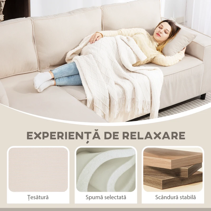 Canapea HOMCOM catifea crem, 3 locuri